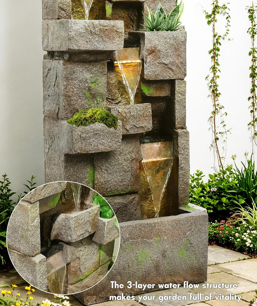 41.7" Outdoor Fountain 3 Tier Modern Water Fountains with LED Lights and Pump Outdoor Floor-Standing Rock Fountain Decor