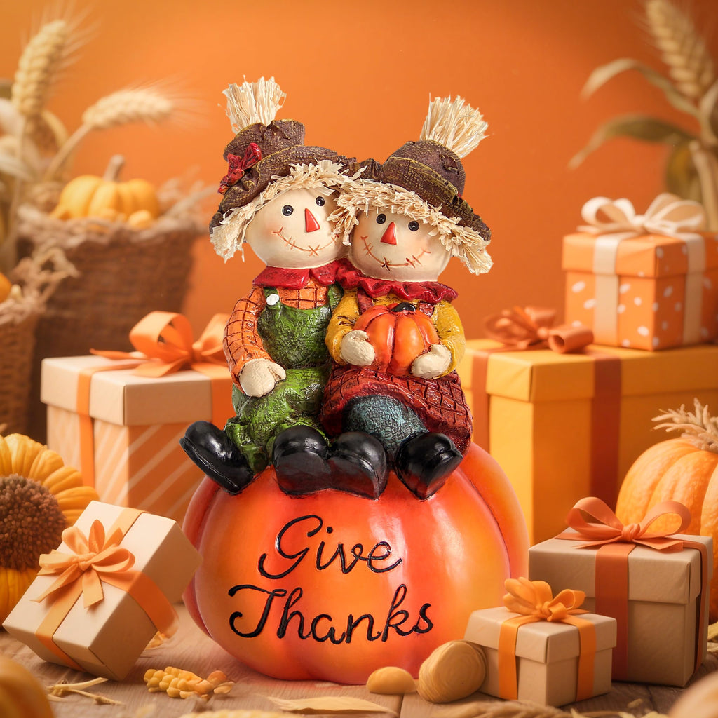 Thanksgiving Pumpkin Scarecrow Figurine, Fall Decor for Shelf Table Mantel