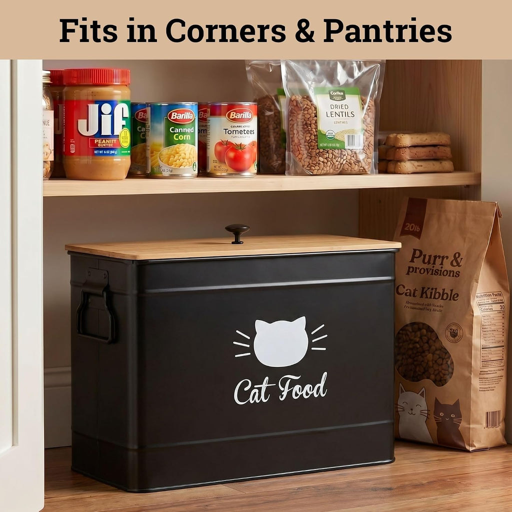 Metal Cat Food Container with Scoop, 15lb (50 Cup) w/ Airtight Bamboo Lid