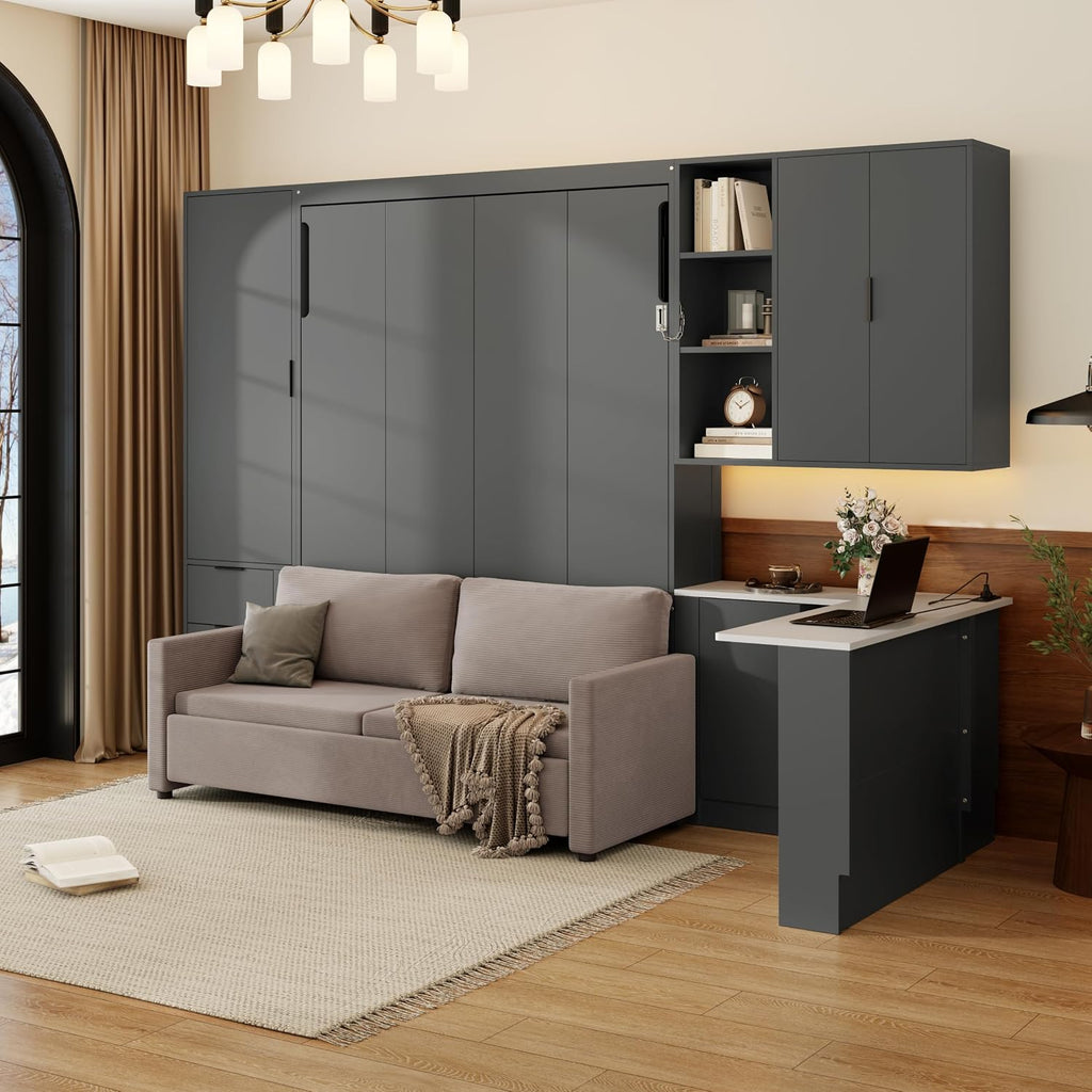 Queen Murphy Bed with Hydraulic System and L-Shaped Office Desk, Multifunctional Foldable Wall Bed Frame with Storage