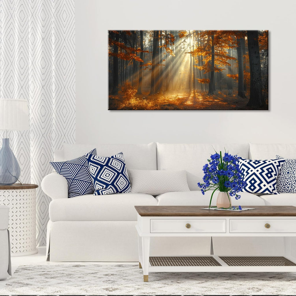 Beautiful Autumn Forest Landscape Wall Art Office Calming Nature Scenery Golden Painting Prints Sunlight Spills
