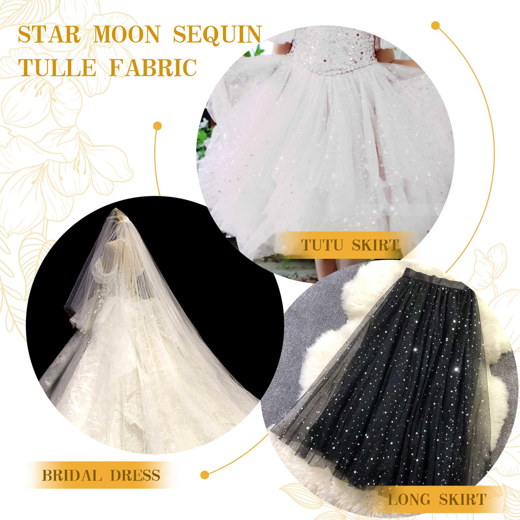 1 Yard Glitter Tulle, Star Moon Sequin, 54" Wide Gold