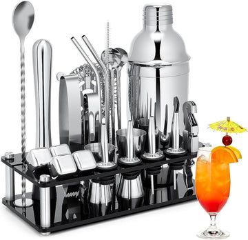Cocktail Shaker Set, Bartender Kit with Stand 25oz Sliver - Set of 23