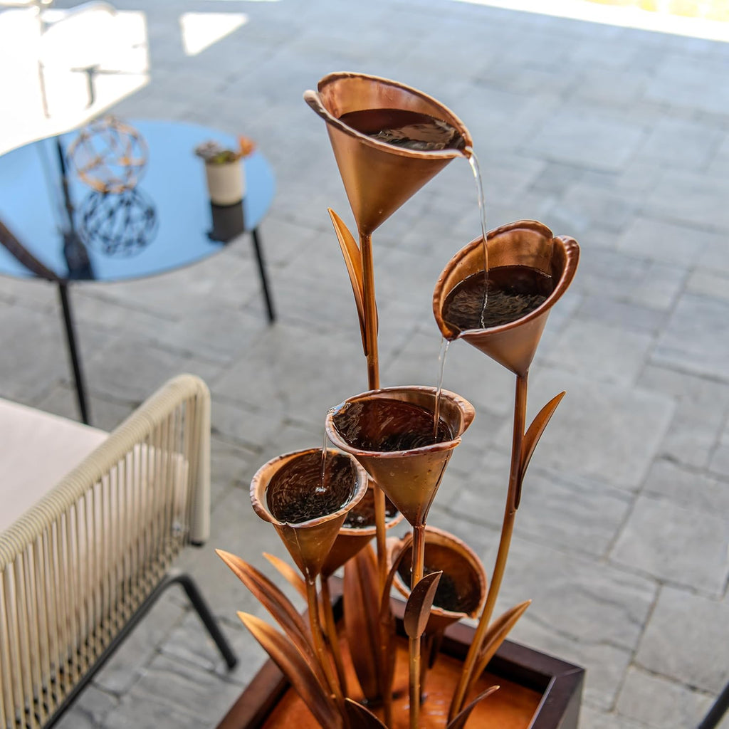 46-Inch Sculptural Metal Multi-Tier Flower Water Fountain, Bronze