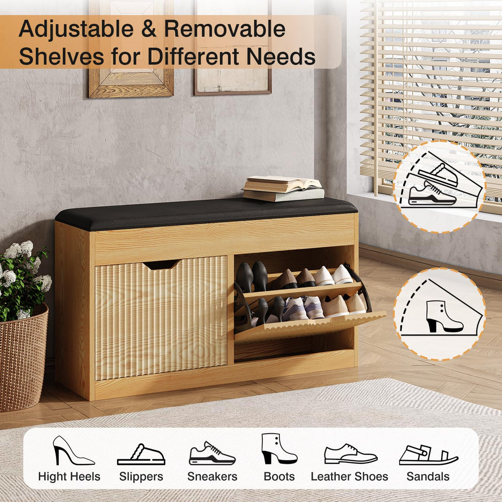Shoe Storage Bench, 2-Tier Entryway Bench with 2 Flip, 39inches Storage Benches with Padded Cushion Hidden Shoe