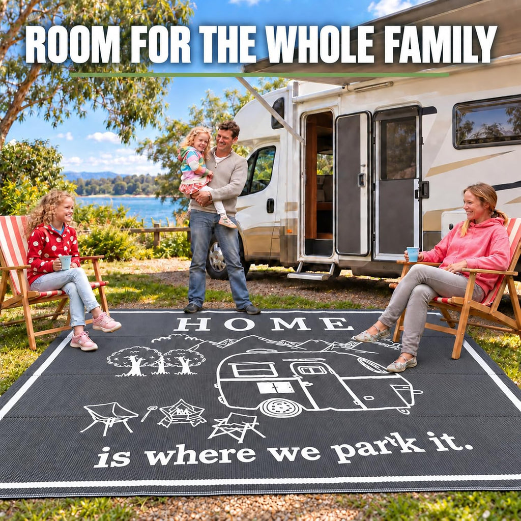 9x12 FT RV Outdoor Rug - Home is Where We Park It Reversible Camper Mat - Waterproof Plastic Straw Camping Rug with