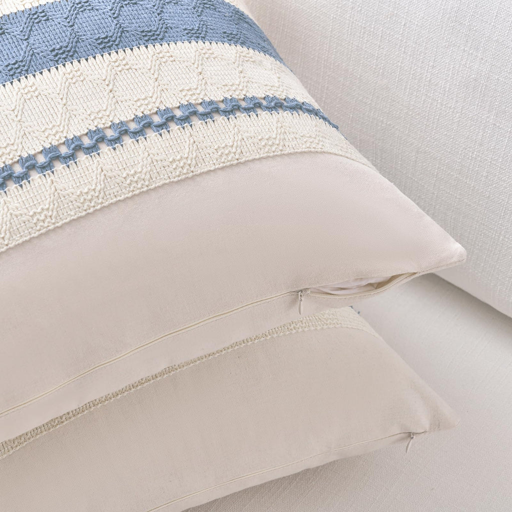 Set of 2 Boho Light Blue Decorative Throw Pillow Cover 22x22 Inch for Couch Bed Sofa, Aesthetic Modern Organic