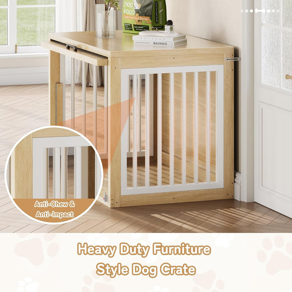 Dog Crate Furniture - 42'' Wooden Dog Kennel for Large Dogs up to 80 lb, Large Dog Crate with Hidden Sliding Door