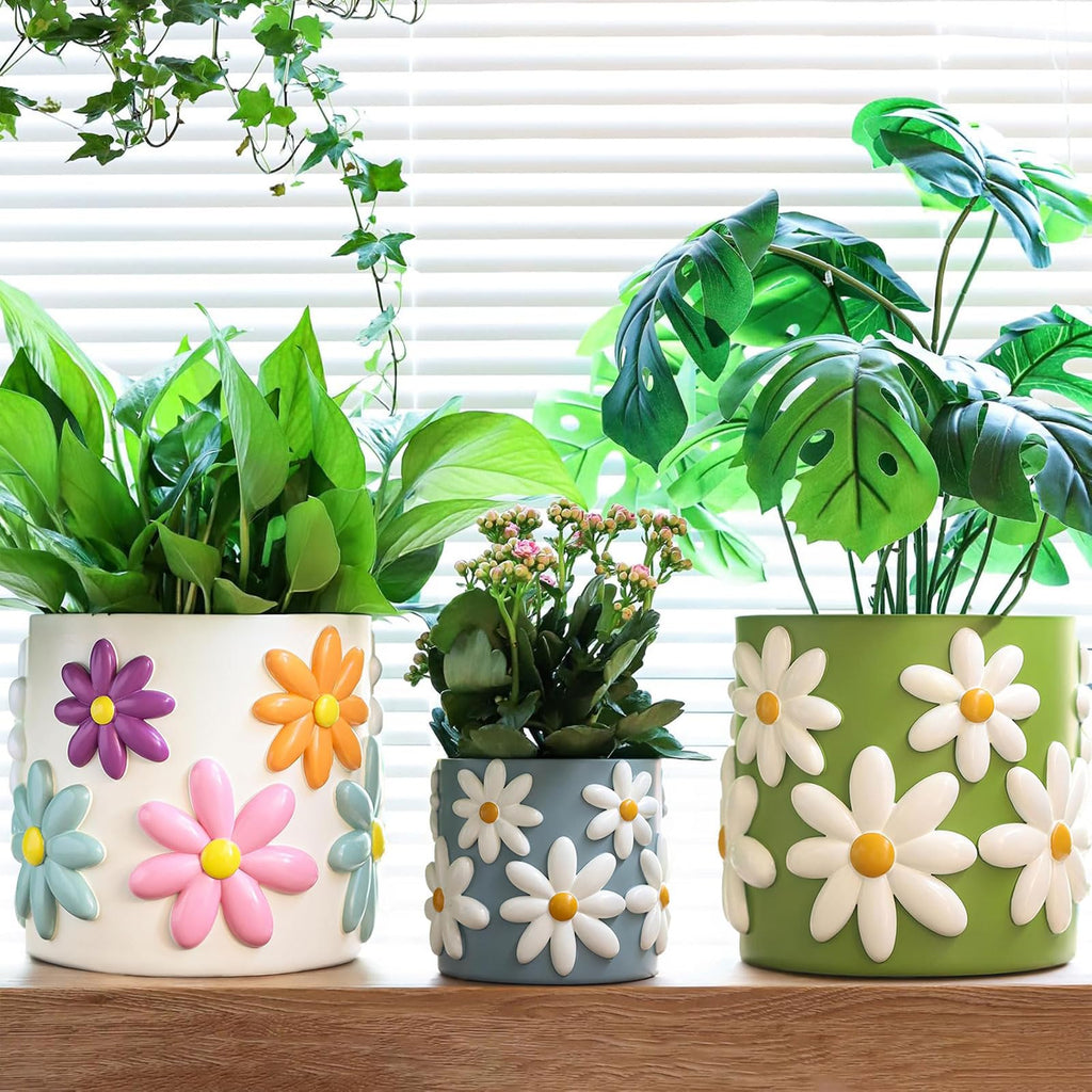 8 Inch Daisy Planters, Decorative Large Plant Pots with Drainage Holes, Funny Unique Flower Pot for Indoor Plants