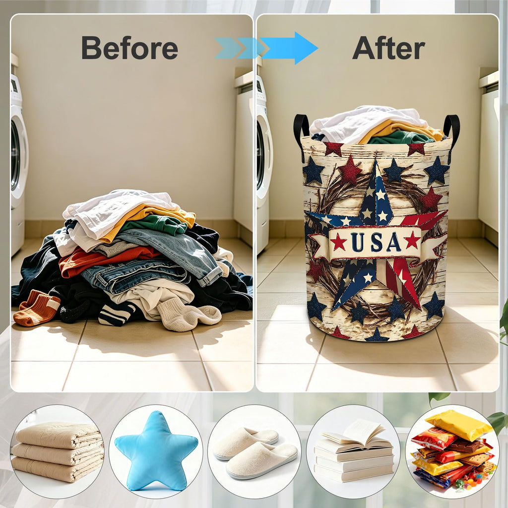 4th of July Wooden Print Star Laundry Basket Foldable Laundry Hamper With Handles Clothes Storage Bucket Organizer