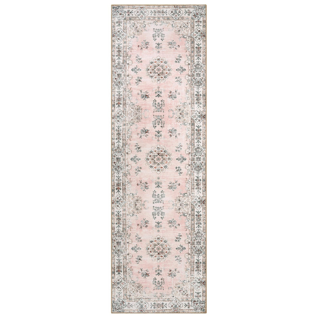 Pink Runner Rugs, Europe Vintage Floral Print Washable Runner Bathroom Entryway, Faux Wool Non-Slip Stain