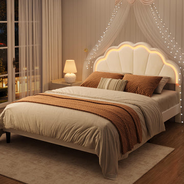 Upholstered LED Full Bed Frames with Velvet Seashell Headboard, White