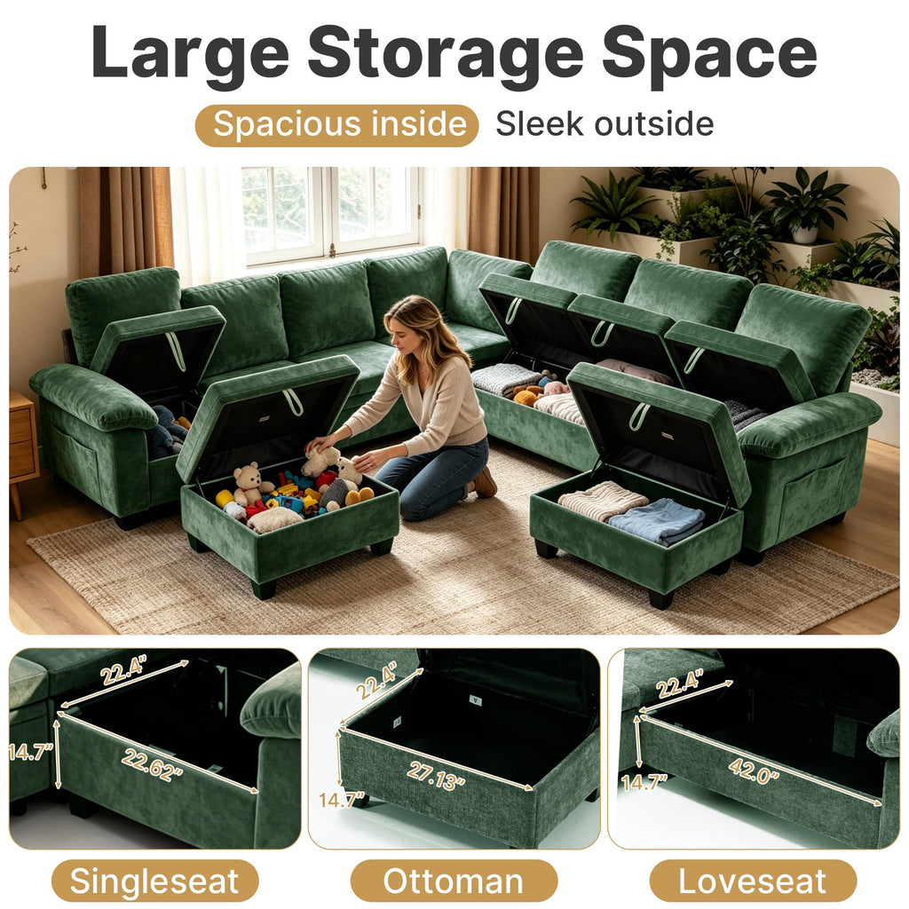 109" Sectional Sleeper U-Shaped Modular Couch Pull-Out Storage Sofa Bed