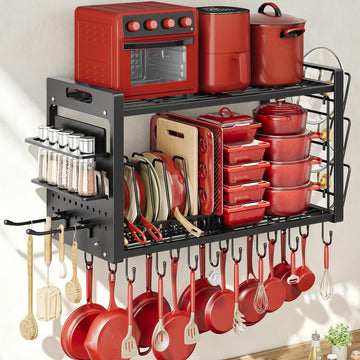 32 Inch Pot Rack Wall Mount,4 in 1 Hanging Heavy Duty Metal Pan Shelf Organizer with 20 Hooks 3 Pot Lid Holder and 8