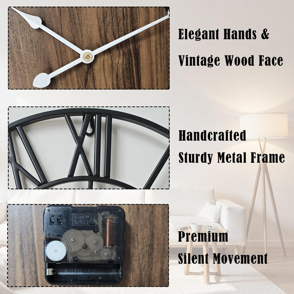 Large Metal Wall Clock, 30 Inch Retro Decorative Silent, Non Ticking, Battery Operated Modern Big Wood Wall Clock