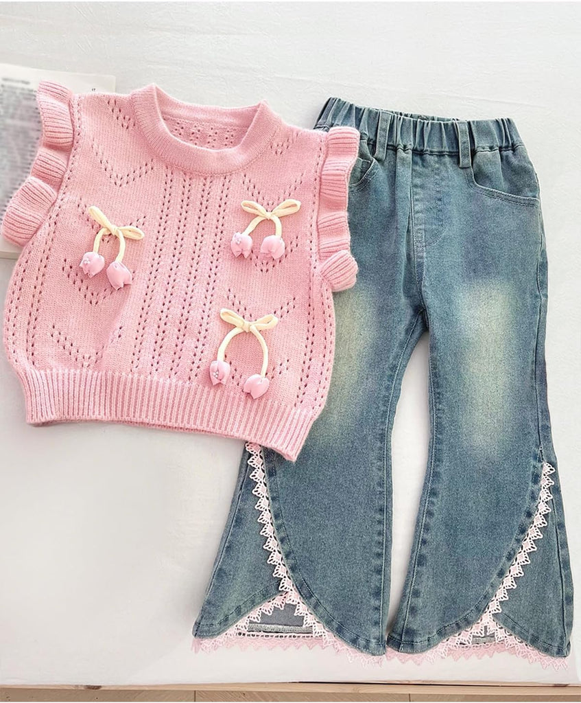 Toddler Girl 3 Piece Set Long Sleeve Shirt with Lace Bow Knitted Vest & Denim Jeans Girls Clothing Sets Fall