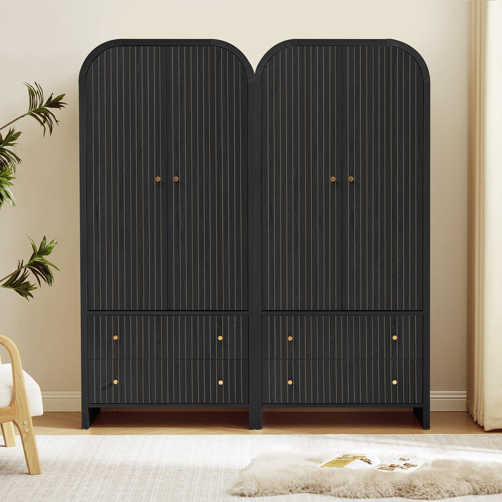 Arched Armoire Wardrobe Closet, Mid-Century Modern 2-Door Freestanding Wardrobe with Hanging Rod and 2 Drawers