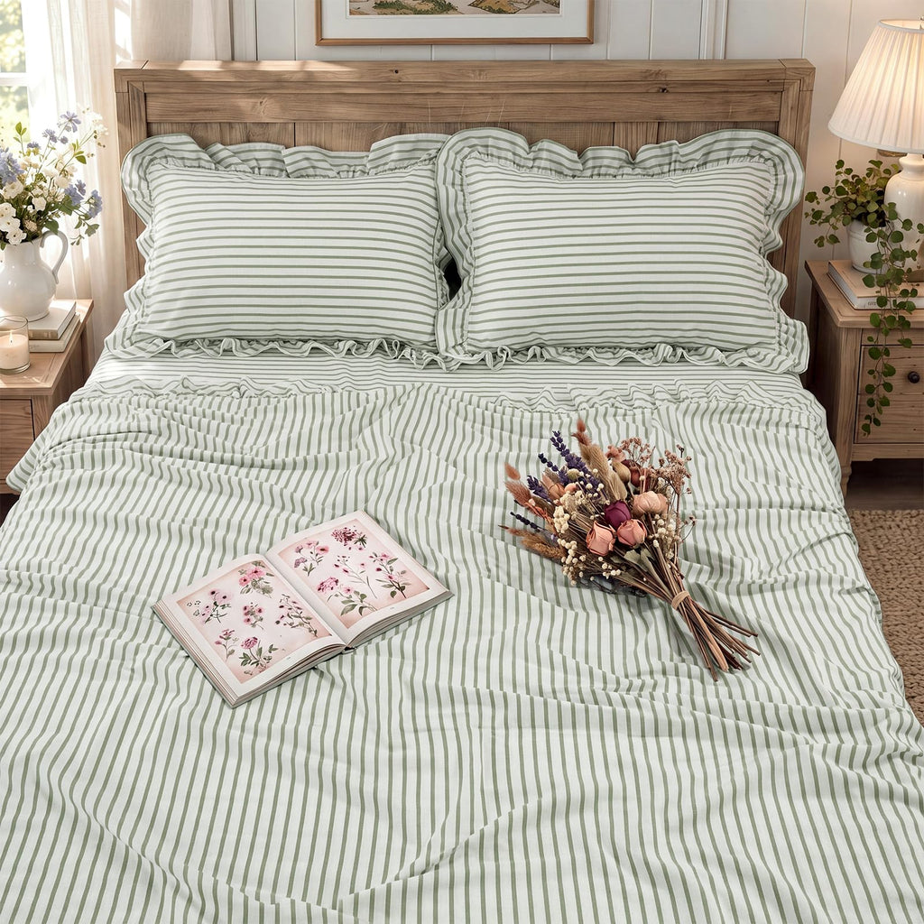 Sage Green Striped Ruffle Sheets Set, Farmhouse Cottage