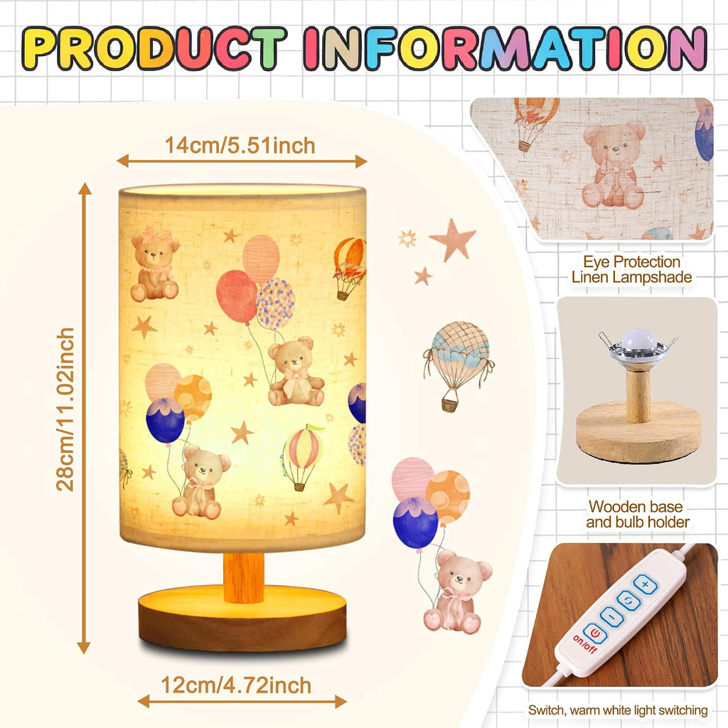Bear Kids Table Lamp Kids Bedside Lamp with Linen Wooden Nightstand Cartoon Nursery Lampshade for Girls Boys Living