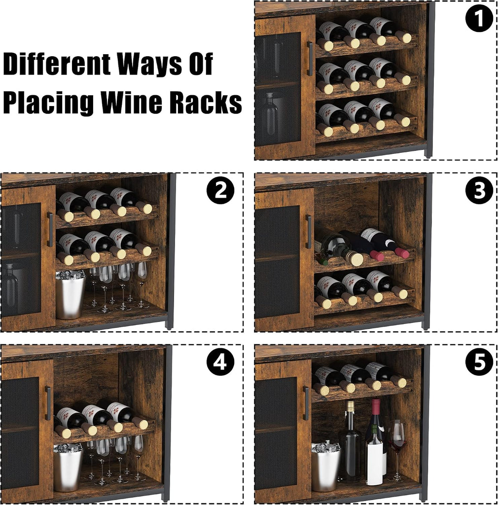 Wine Bar Cabinet with Detachable Wine Rack and Storage Space | 3-Tier Buffet Cabinet with Glass Holder and Mesh Door