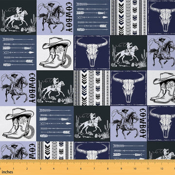 Cowboy Grid Fabric by The Yard Blue Purple Gray Patchwork Grid Fabrics for Sewing Supplies Cow Skull Boho Tribal