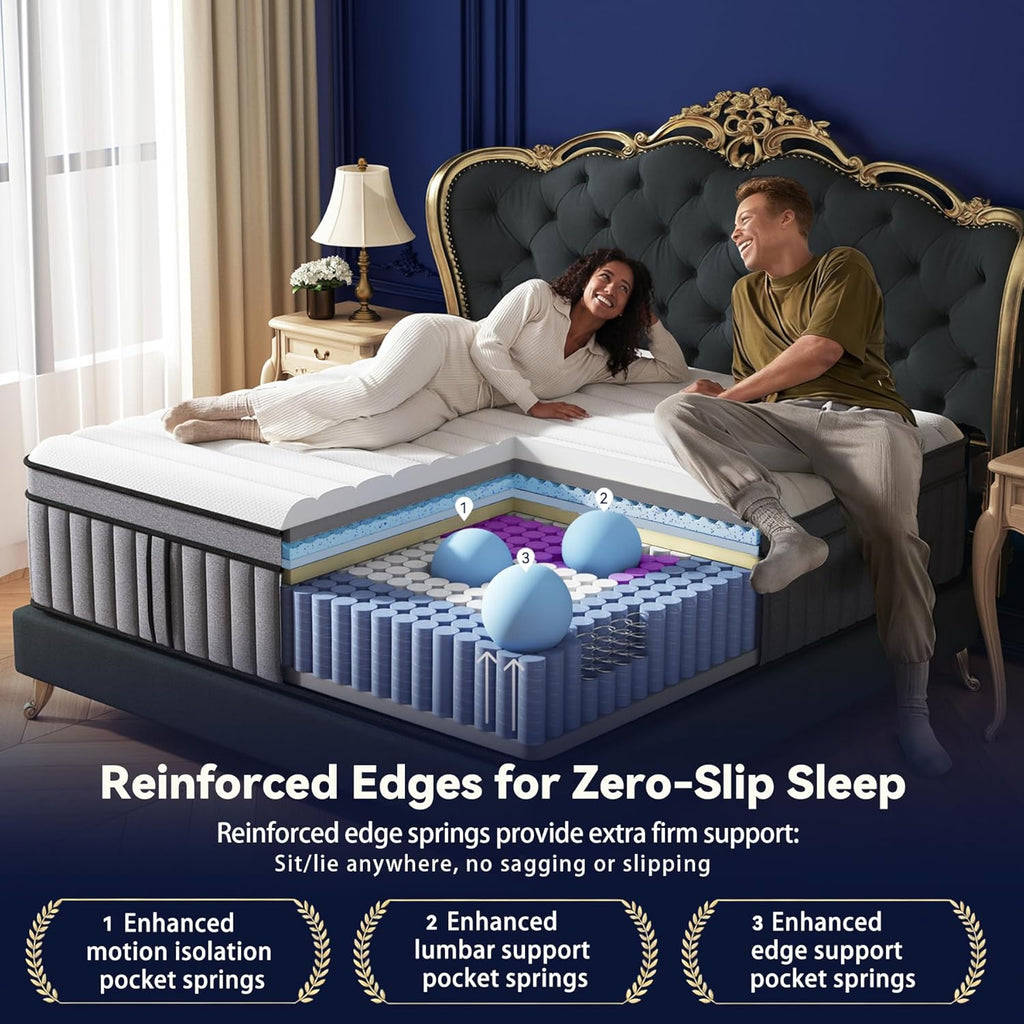 Upgraded Luxury 14 Inch California King Size Hybrid Mattress, Firm Feel | Memory Foam & Pocket Springs, Reinforced