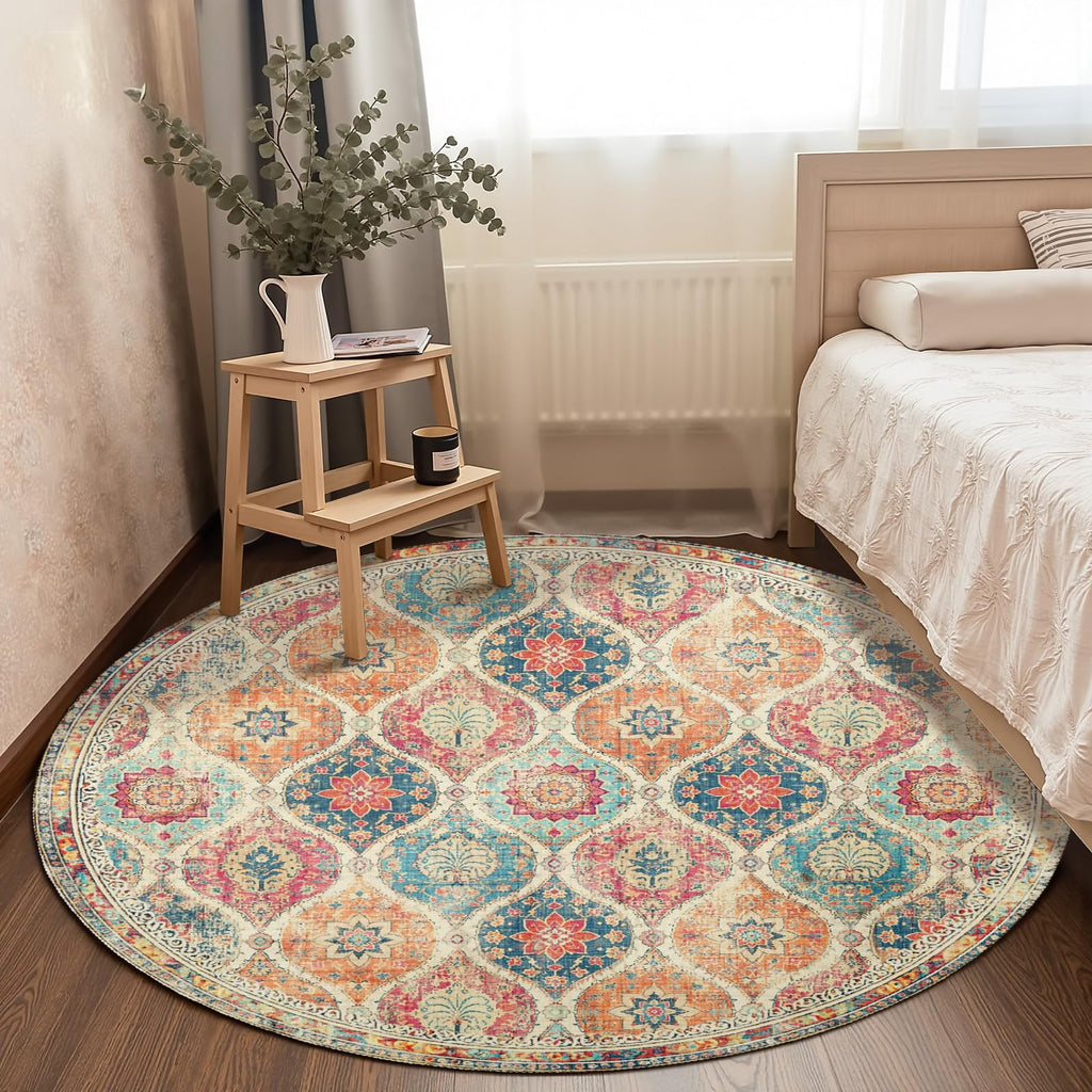 Orange Boho Round Area Rug 4ft, Machine Washable Bohemian Oriental Round Rug Non-Slip Colorful Moroccan Farmhouse