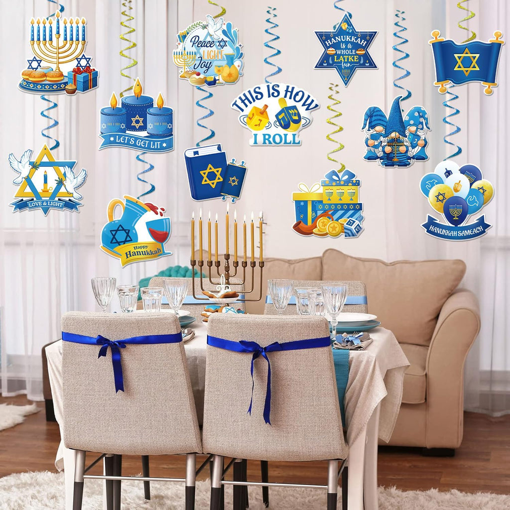 Hanukkah Decorations Blue and White Happy Hanukkah Banner and Hanging Swirls Need DIY Chanukah Party Decor - Set of 14