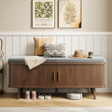Shoe Storage Bench with Cushion and Sliding Doors, 47.2 Inch Shoe Bench with Storage, Freestanding Entryway Bench