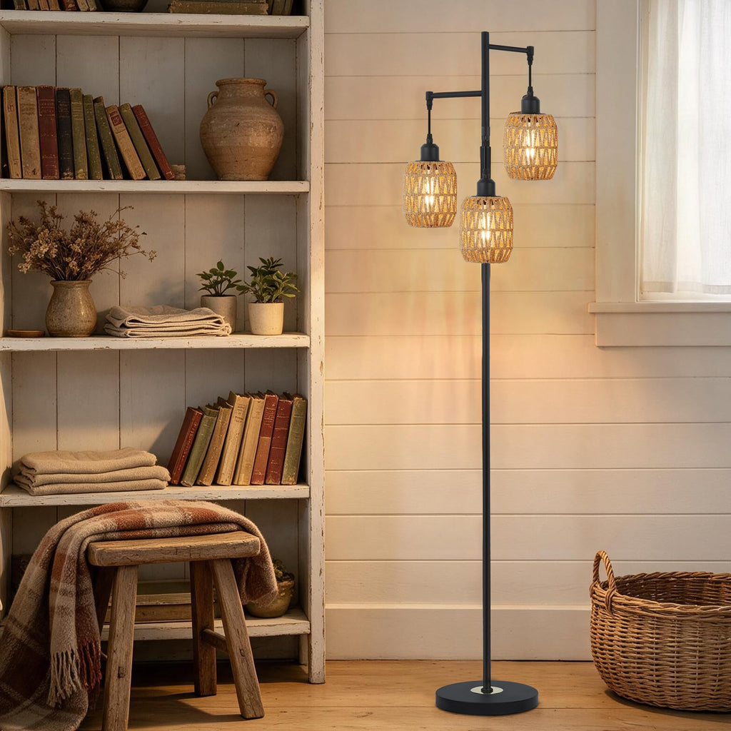 Boho Rattan Tree Floor Lamp, Black Dimmable Standing Lamp