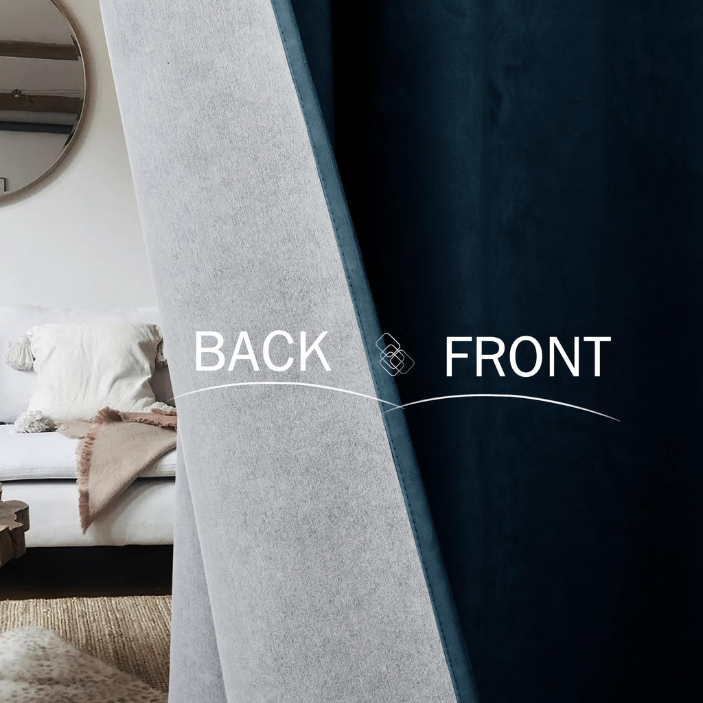 Navy Blue Velvet Blackout Curtains Luxury Liner Back Tab Hook Belt Thermal Insulated Window Drapes Heavy Thick