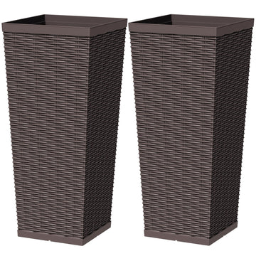 30 Inch Tall Plastic Planters with Rattan Texture - Set of 2, Brown