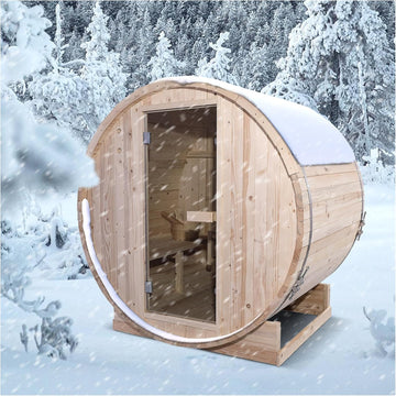 Indoor and Outdoor Barrel Sauna Room with Asphalt Shingle Roof, Wooden Steam Sauna with 4.5KW Certified TOULE Heater