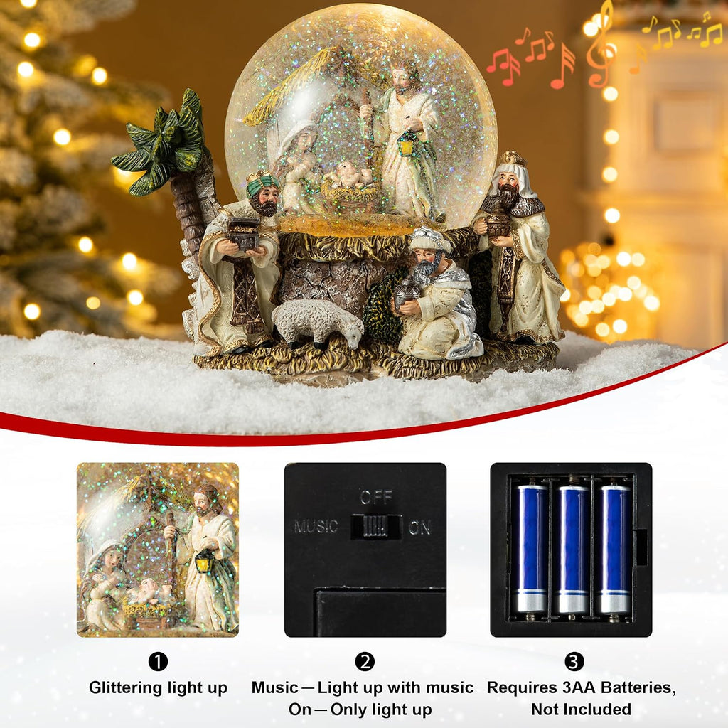 150mm Lighted Musical Christmas Snow Globe,Oversized Resin Holy Family Nativity Figurines Scene Water Globe,Xmas