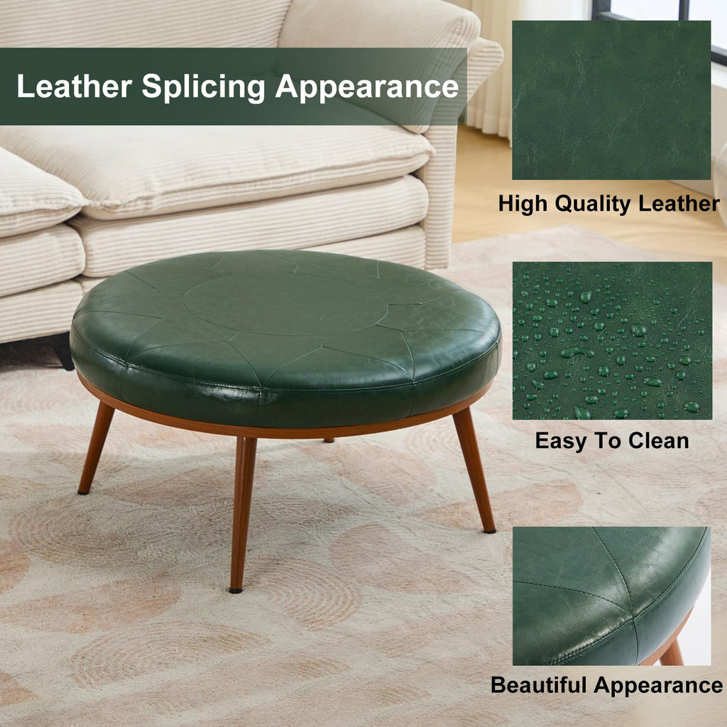 Round Ottoman, Large Faux Leather Footstool and Coffee Table, Cushioned Backless Chair, Padded Seat Footrest, (Green)