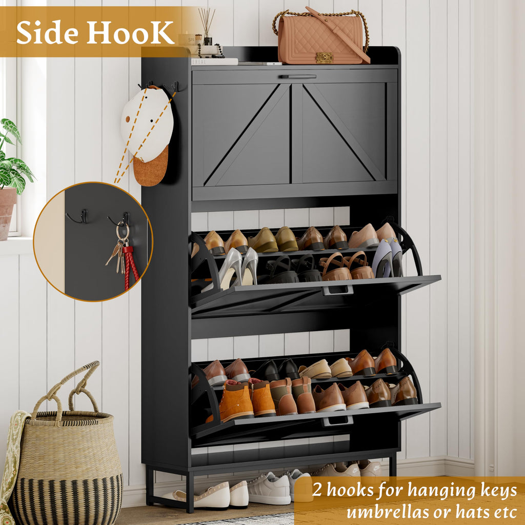 Shoe Cabinet Storage, Shoe Storage Cabinet with 4 Flip Drawers, Freestanding Narrow Shoe Rack Organizer with Metal