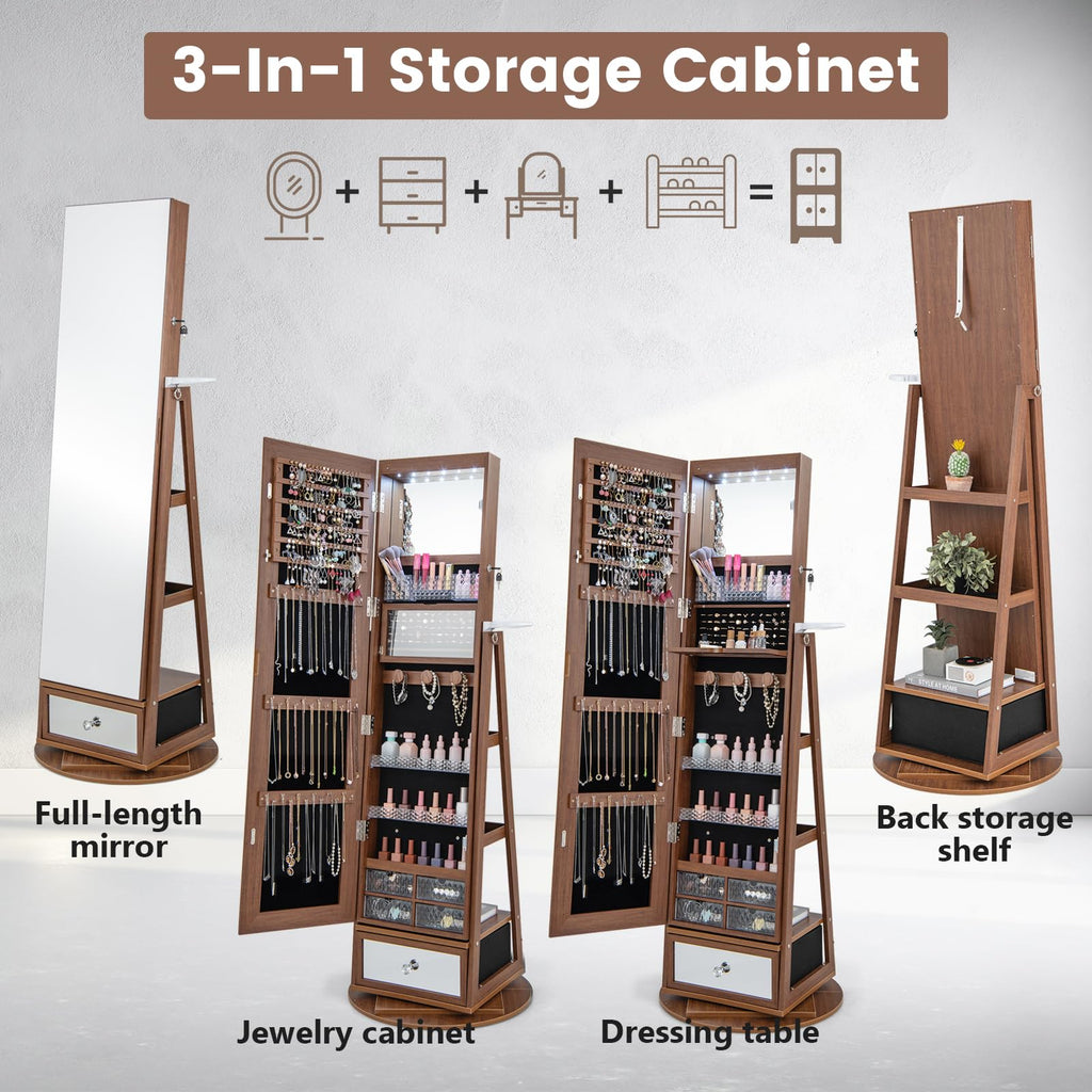 360 Rotating Jewelry Cabinet with Full Length Mirror, Standing LED Jewelry Armoire, Lockable Organizer with Hair
