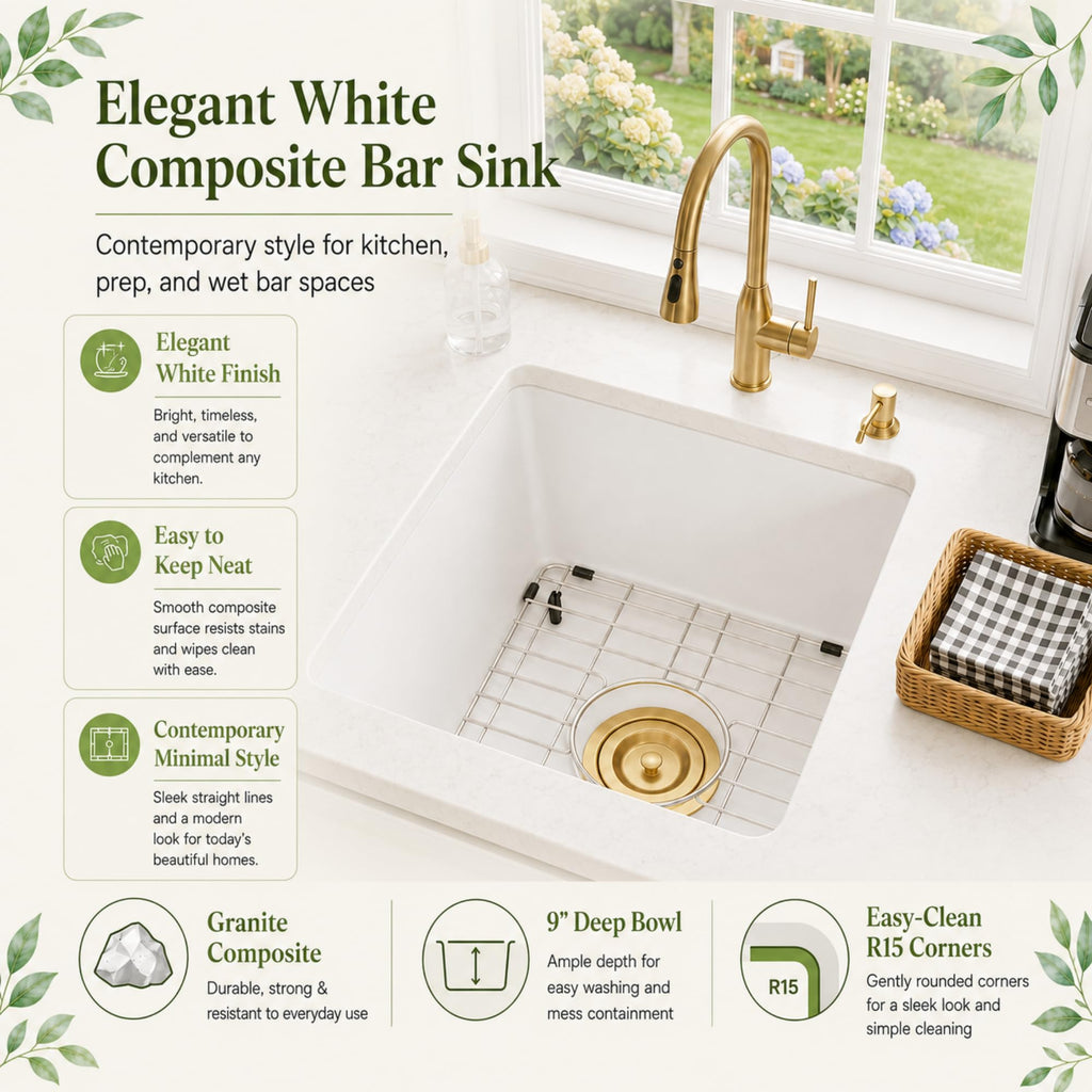 White Undermount Bar Sink 15 X17 inch, Small Composite Bar Sink