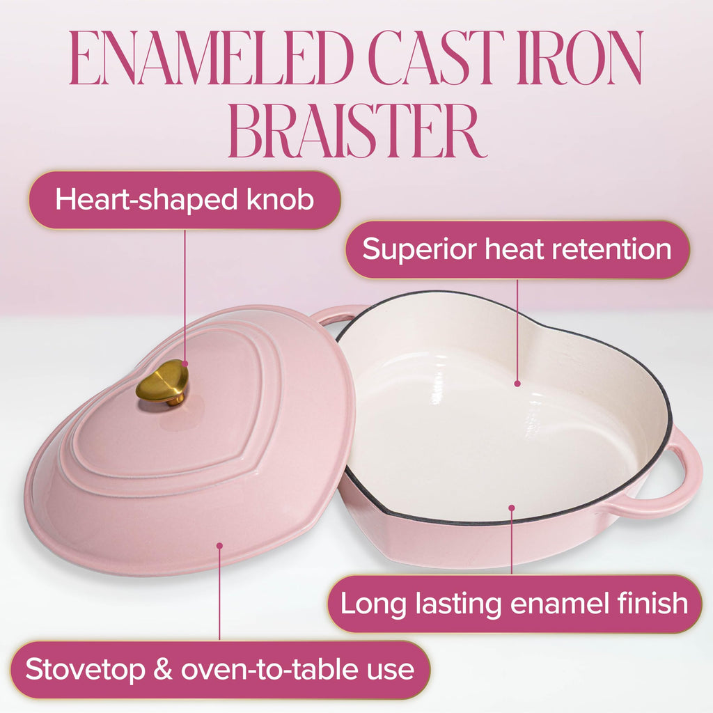 Enameled Cast Iron Braiser, Heart-Shaped Skillet with Lid, Superior Heat Retention Casserole, Stovetop