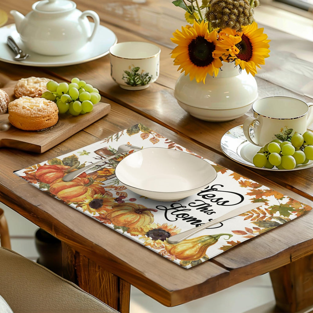 Fall Cross Pumpkin Placemats Set of 4 Autumn Thanksgiving Harvest Sunflower Maple Leaf Orange Linen Table Mats
