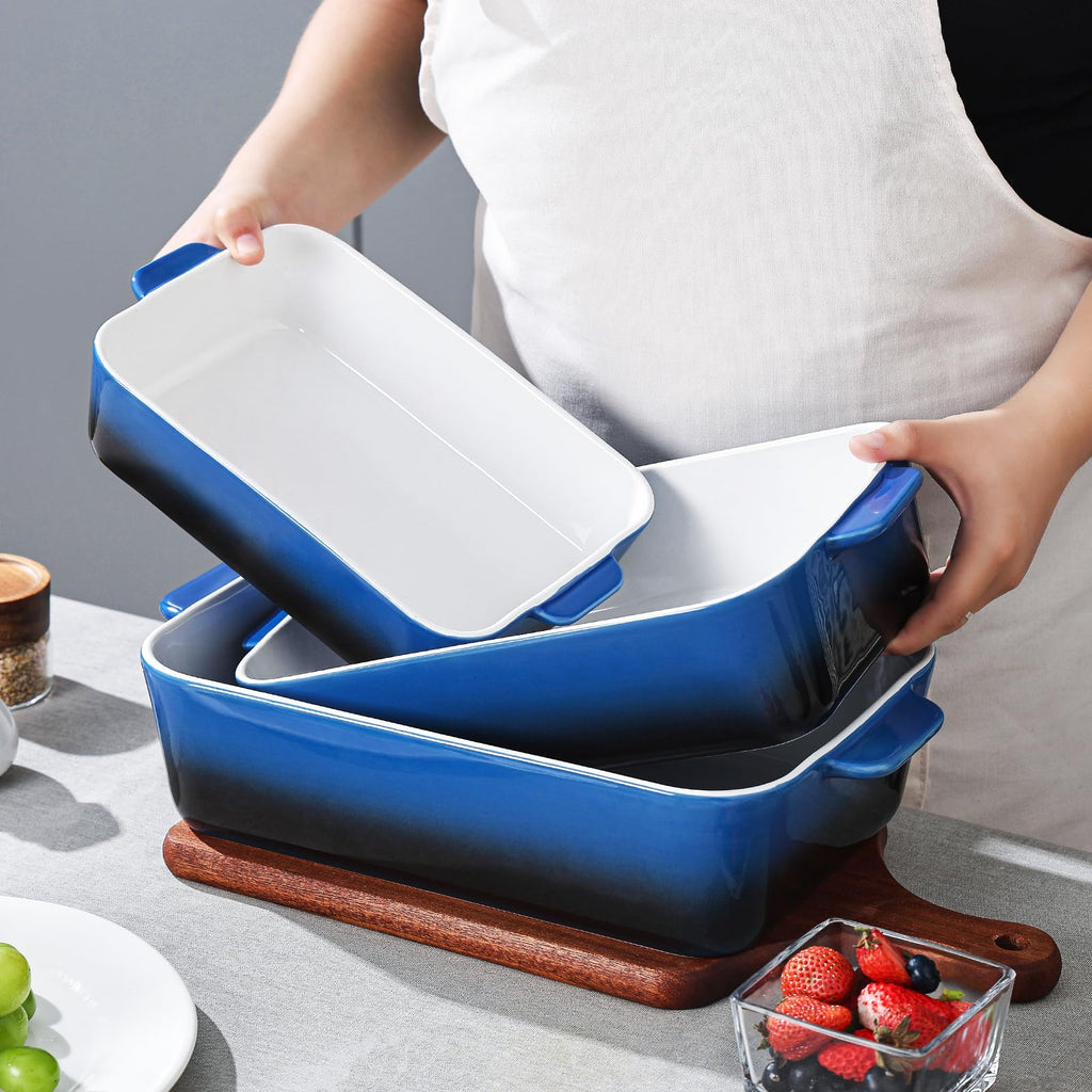 Ceramic Casserole Dish Set, Rectangular Baking Pans for Oven, Blue
