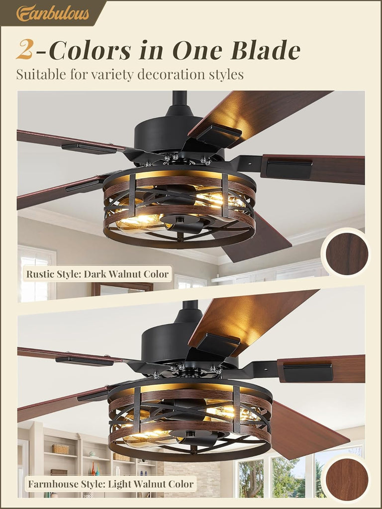 Farmhouse Ceiling Fans with Light, 48 Inch Bedroom Ceiling Fan with Lights, 6-Speed Adjustable