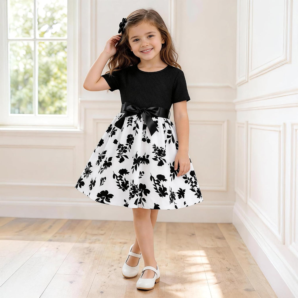 Floral A-Line Dress, Short Sleeve Twirl, Bow Waist, Kids Summer Dress