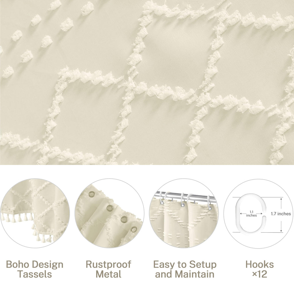 Cream Boho Woven Fabric, 72 x 72 Tufted Chevron Textured Striped Modern Farmhouse Minimalist Cloth Curtain