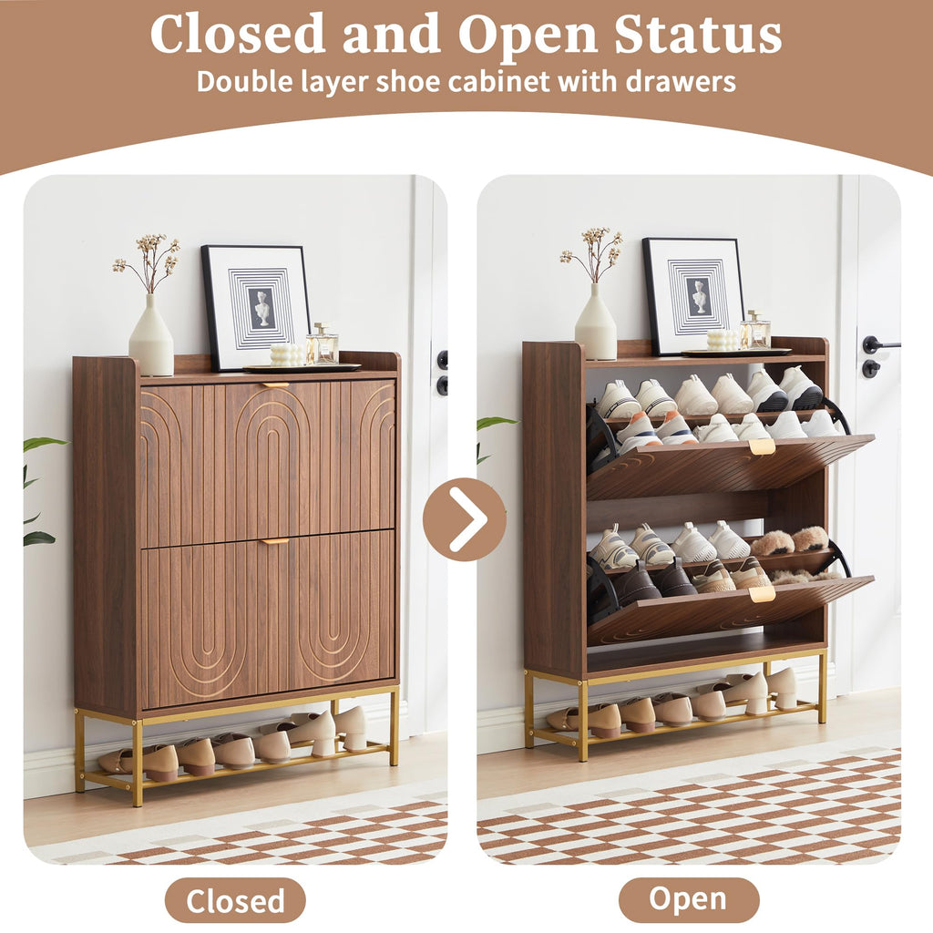 Narrow Shoe Storage Cabinet with 2 Flip Drawers, Wooden Freestanding Hidden Shoes Rack Organizer, Mid-Century Modern