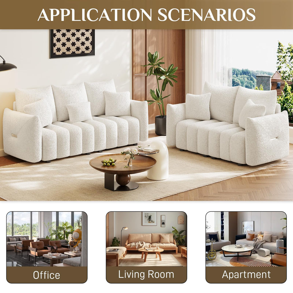 Boucle Cloud Single Loveseat, Deep Seat with Pillow, Beige White