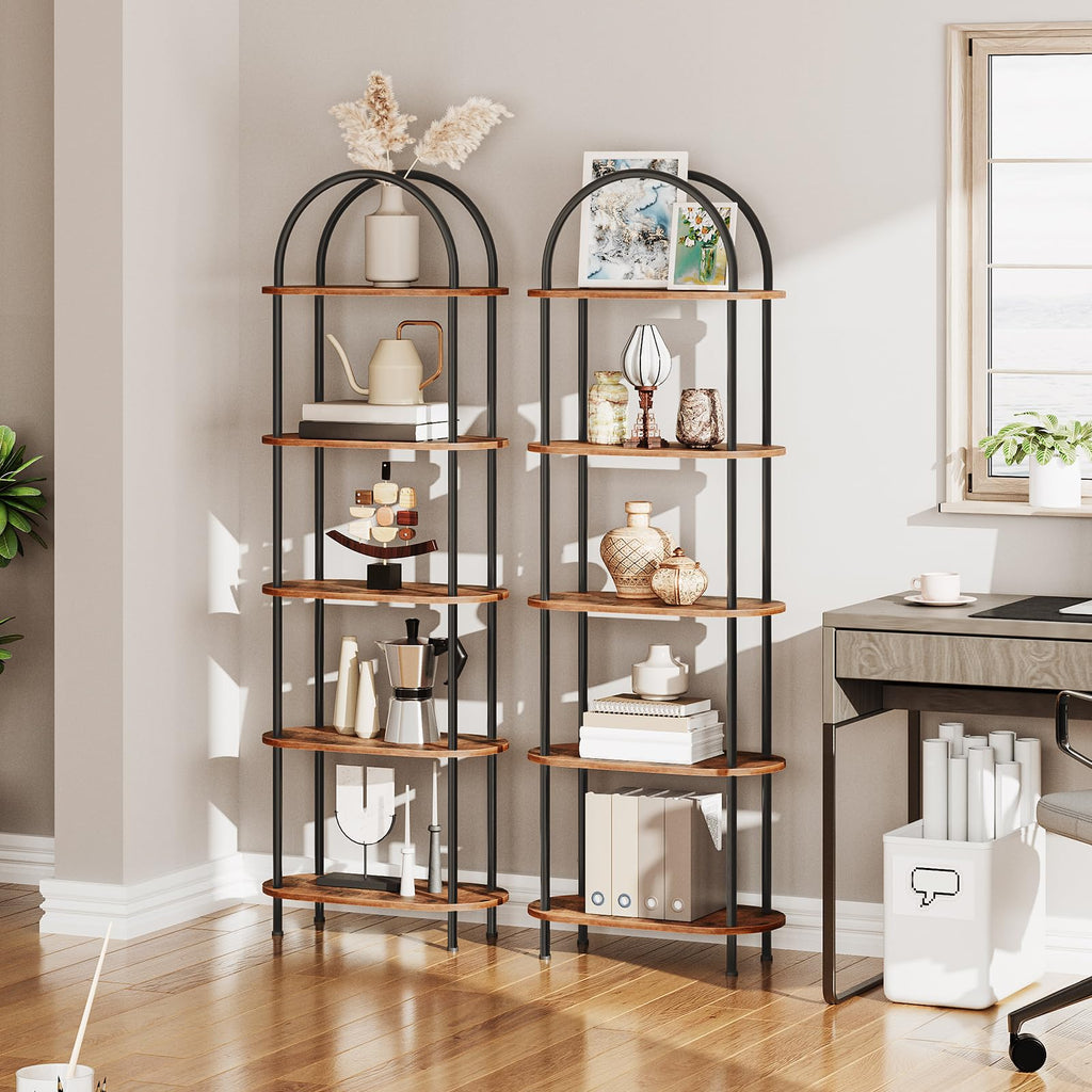 5 Tier Open Bookshelf, Industrial Arched Bookcase Display Shelf Rack, Wooden Bookcase Storage Shelf Metal Frame, Tall