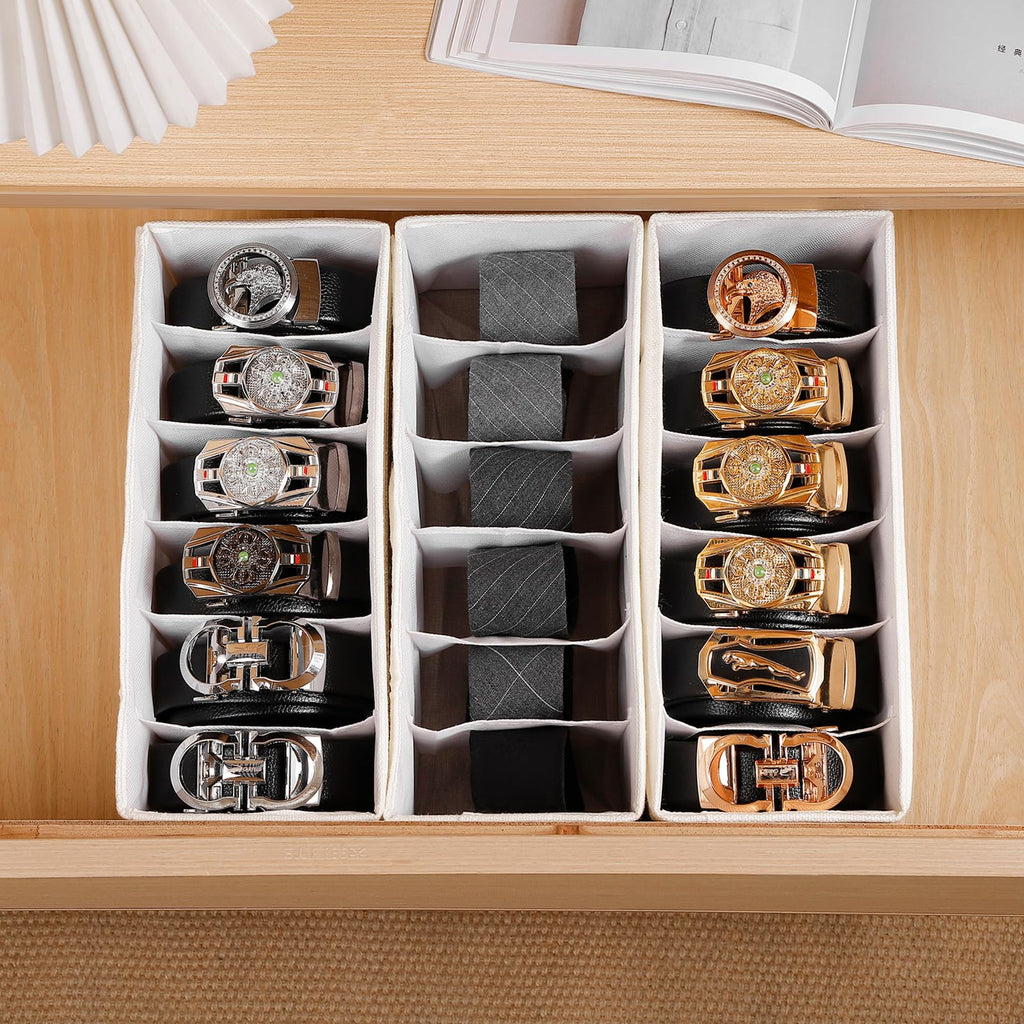 3 Packs Fabric Belt Organizer, 6 Grids Belt Organizer for Closet and Drawer, Foldable Dresser Drawer Organizers, Tie