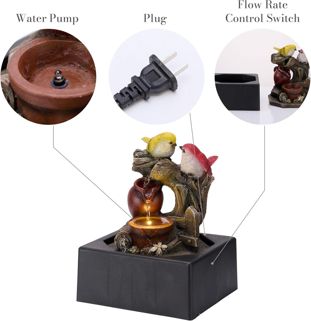 Tabletop Water Fountain Outdoor Decor, Birds Statues Waterfall Fountain Indoor Decor,Include LED Light and Pump,Ideal