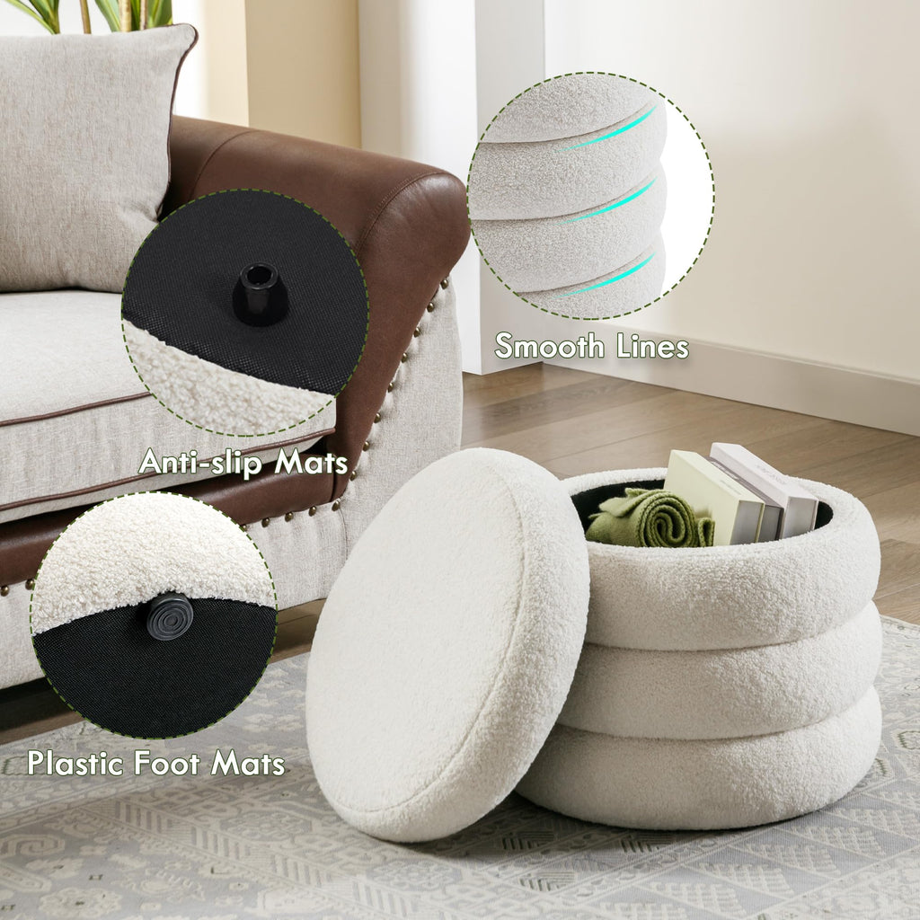 Boucle Ottoman with Storage, Small Round Footrest Stool Bedroom, Upholstered Sherpa Vanity Seat with Removable Lid